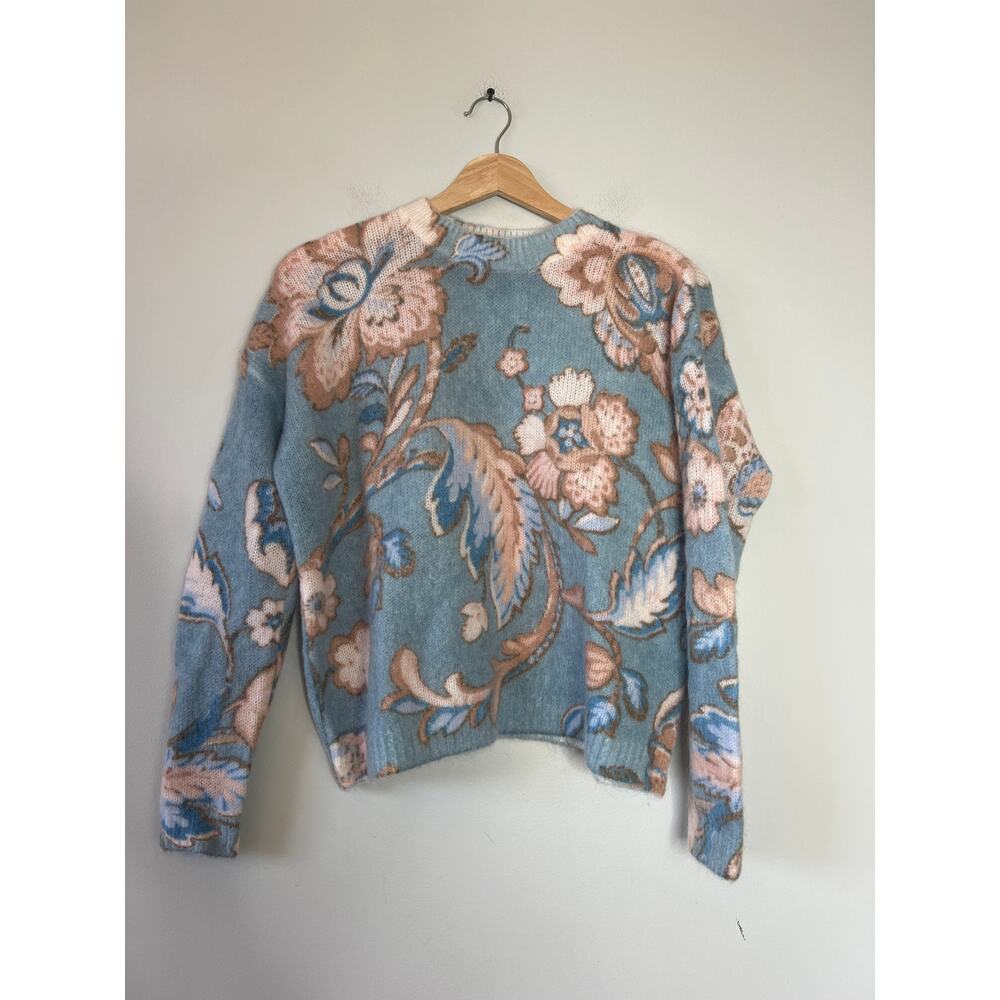 NEW Sezane Round Neckline Long Sleeved Floral Print Sweater Light Blue Size: XS - Picture 2 of 7